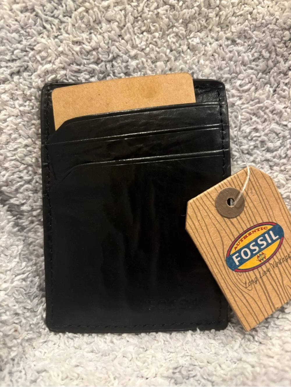 NWT Fossil Black Leather Front Pocket Wallet with Silver Money Clip